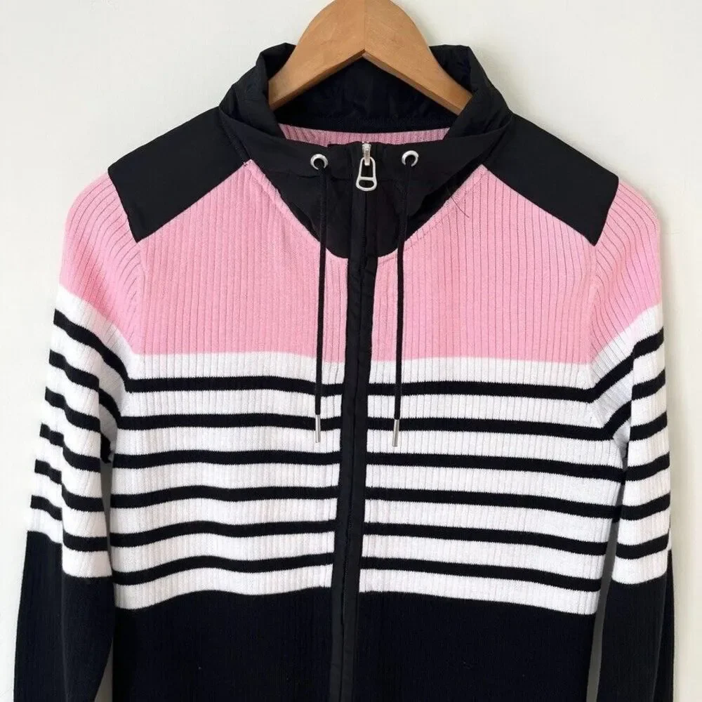 Lauren Ralph Lauren Zip Up Sweater Jacket Sz L Pink Black White Striped Cotton